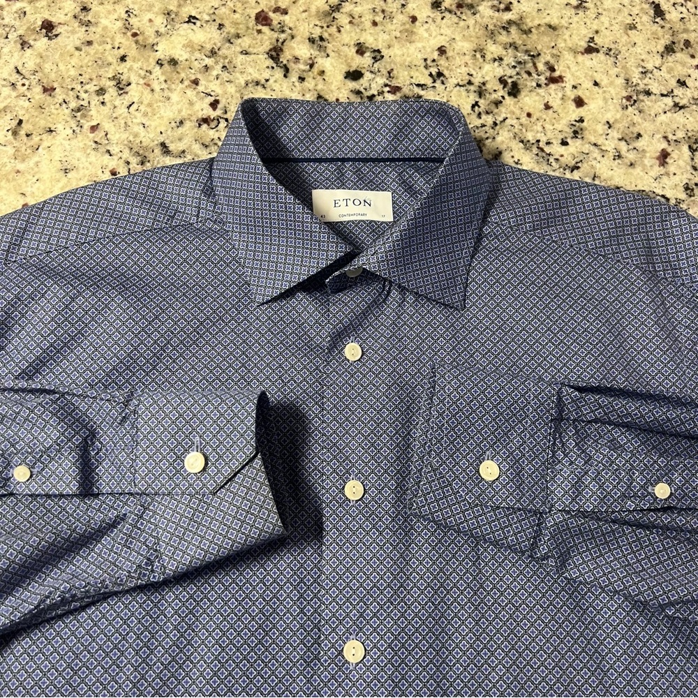Eton, 100% Cotton, Blue Geometric, Button Up Shirt | Mens 17